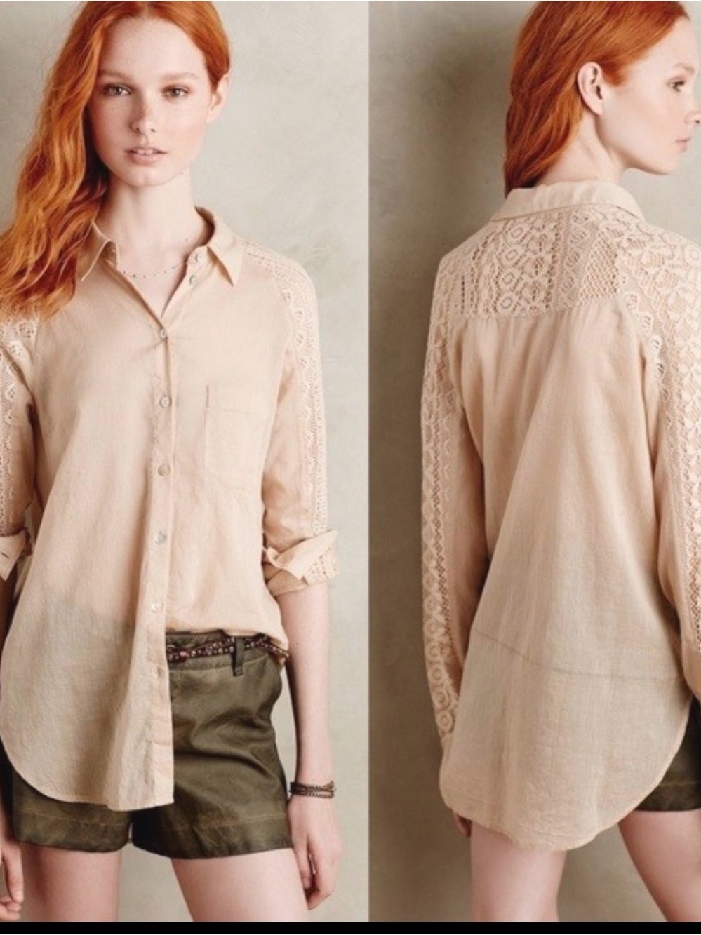HOLDING HORSES Beige Lace-Detail Button-Down Shirt (small stain can’t really see